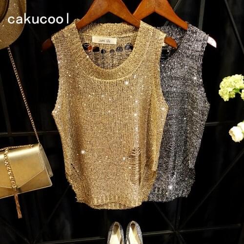 Cakucool Hot Shiny Lurex Knitted Camis Top Sequins Gold Tanks Bling Luxury Hollow Out Sexy Loose Summer Shirt Camisole Feminino