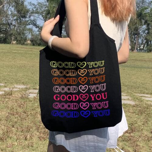 Fashion Letter Printed Canva Women Harajuku Good for You Eco Friendly Shopping Bag Reusable Travel Foldable Large Grocery Totes