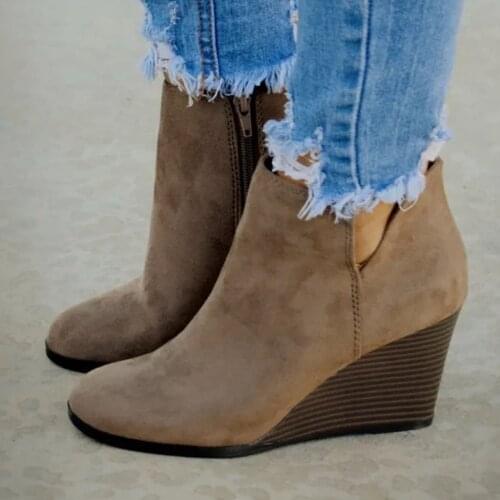 Fashion Women Winter Boots Suede Wedges Zipper Solid Color Square heels Short Round Toe Casual Women Ankle Boots Shoes #40