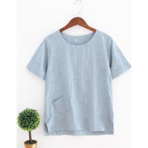 ASHIOFU 2021 New Summer Embroidered T-shirt Cotton and Linen Small-fresh Loose&Thin Literary Round Neck Short Sleeve Top Shirt