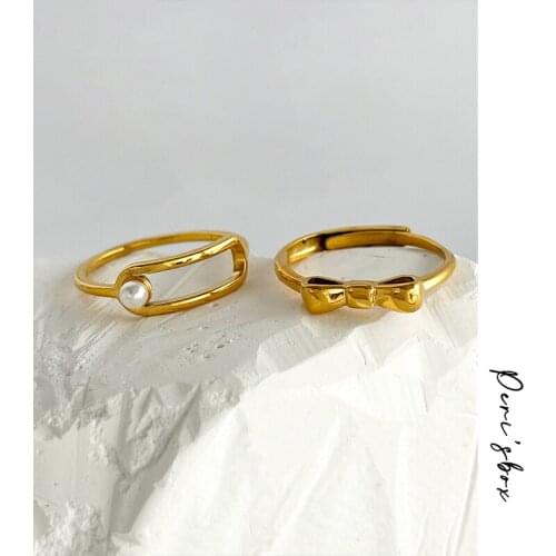 PerisBox Gold Color Titanium Steel Bow Knot Design Finger Rings For Woman Cute Imitation Pearl Simple Ring Valentines Day Gift