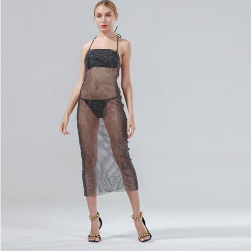 Sleeveless Backless Hollow Out Halter Rhinestone Dress See Through Fishnet Plaid Shiny Crystal Elastic Mid Calf Pencil Dress