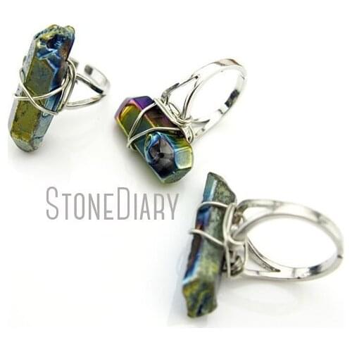 RM13004 10Pcs Aura Clear Quartz Ring Wire Wrapped Double Wrapped Silver Electroplated Polishing Faceted Pillar Ring Adjustable