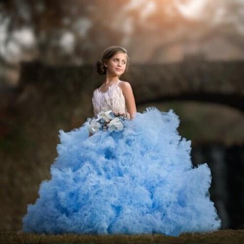 Luxury Sky Blue Ball Gown Flower Girl Dresses Vintage Lace Appliqued Girls Formal Party Birthday Pageant Gowns Custom Made