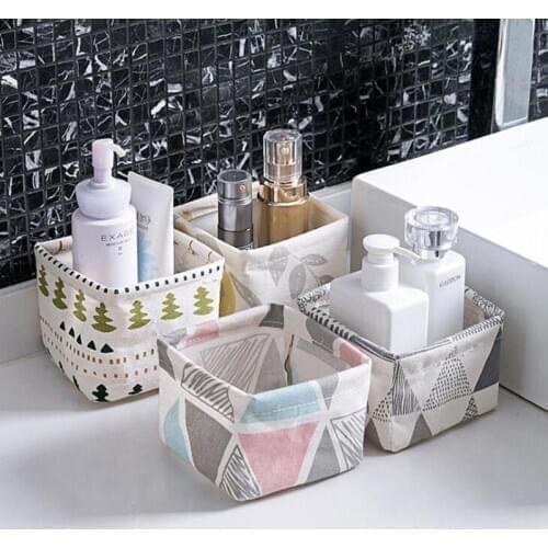 Foldable Sundries Storage basket Cute Printing Cosmetics Container Multifunction Cotton Linen Storage Basket Desktop organizer