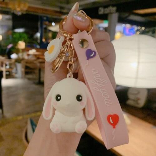 Cute Cartoon Long-Eared Rabbit Keychain Big Eyes Animal Doll Car Key chain Lady Bag Small Flower Pendant Accessory Key Ring Gift