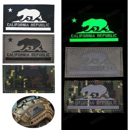 Reflective California Republic Flag 3D Embroidered Patches Tactical Military Patch Decorative Blue Line Embroidery Badges