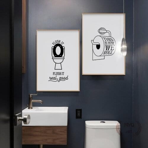 Toilet Quote Picture Bathroom Shower Room rabbit Wall Decor Canvas Painting Brush Canvas Art Poster Black White Fashion Washroom