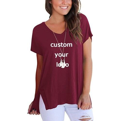 Women T-Shirts Harajuku Summer Top Short Front and Long Side Slit V-Neck Short-Sleeved Casual Tee Woman Clothing Custom Logo