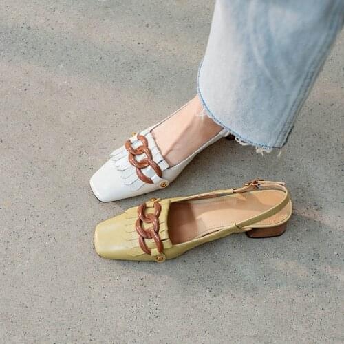 Genuine Cowhide Muller Slippers For Womens Shoes Chain Decoration Fringed Shoes Mid Heels Square Toe Sandals For Women Shoes