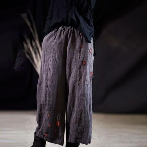 Johnature Women Vinatage Linen Patchwork Wide Leg Pants New All-match 2021 Spring Casual Loose Simple Ankle-Length Pants