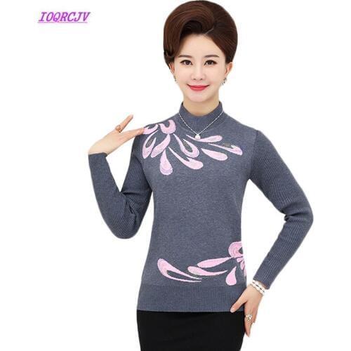 Middle-aged Women Winter Sweater 2018 New Half Turtleneck Pullovers Autumn Knit Bottoming Shirt Plus Velvet Warm Female Tops W64