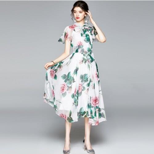 Banulin Summer Fashion Runway Floral Holiday Dress Womens Bow Neck Flare Sleeve Flower Print Elegant Dress robe ete femme 2020