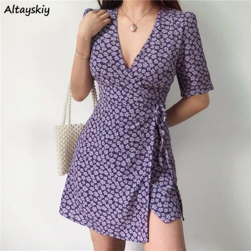 Dress Women Purplre Floral Bandage Design Retro Large Size Holiday Elegant Korean Style Ladies Fashion Summer Newest Rommance