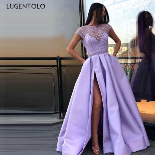 Women Party Dress Sexy Lace Hem Slit Dresses Light Purple Big Swing Short Sleeve Elegant Ladies Maxi Dress