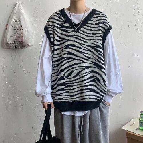 New Spring And Autumn Mens Vest Zebra Sweater Loose Pullover V-Neck Design Top Trendy All-Match Clothing 3XL
