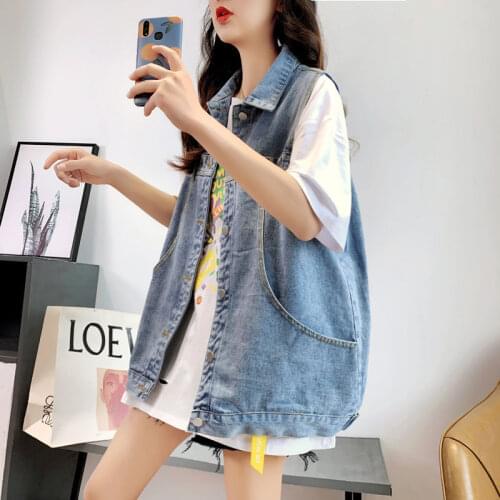 Harajuku Big Pocket Denim Vest Coat Loose Lapel Student Sleeveless Jacket Cowboy Top Summer New Women Waistcoat Casual Chaqueta