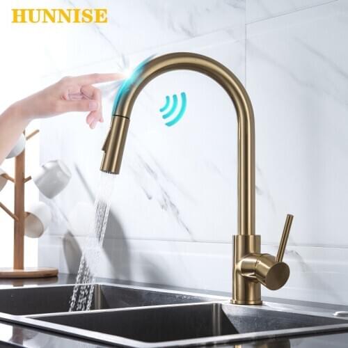 Gold Touch Kitchen Faucet Single Handle Pull Out Kitchen Mixer Tap Stainless Steel Hot Cold Faucet Smart Touch Kitchen Faucets