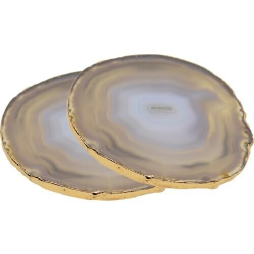 2pcs Natural Agate Slices Gold Edge Geode Coaster Cup Mat DIY Jewelry Crafts