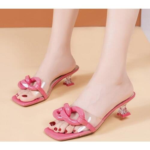 2021 Summer Med Heels Women Mules Slippers Fashion Big Chain Squared Toe Casual Transparent Heels Ladies Open Toes Sandals Shoes