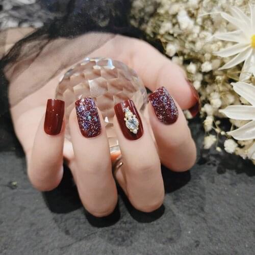 24pcs Red Wine Nail Patch Glue Type Removable Short Paragraph Fashion Manicure Save Time False Nail Patch WD