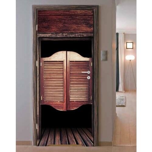 3D Door Sticker Wooden Saloon Wall Sticker DIY Door Cover Kitchen Home Decoration Accessories Modern 3d Wall Stickers