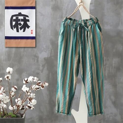 20 Fashion Women Cotton and Linen Pant Casual High Waist Long Pant Summer Female Eastic Waist Thin Striped Pants Trousers WZ1323