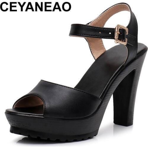 CEYANEAO Summer high heel platform black block heel ankle strap woman sandals shoes