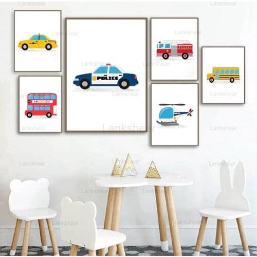Kids Room Decoration Cartoon Car Bus Wall Art Picture Print Police Car Airplane Poster and Print for Baby Kids Room Wall Decor