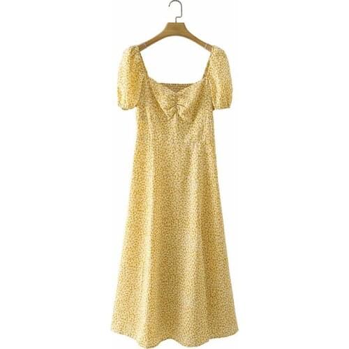 DOUJILI 2021 Fashion Summer Yellow Dress Puff Sleeve Dress Elegant Printing Short Sleeve Long Dress For Casual Wearing