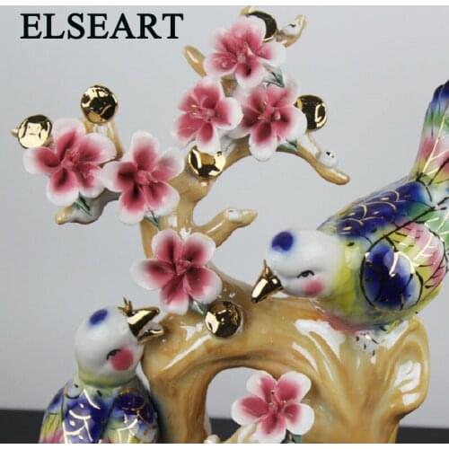 Elseart ceramic colorful golden double birds with pink flower tree ornament for table home decoration