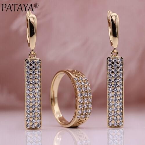 PATAYA New 585 Rose Gold Natural Zircon Women Luxury Wedding Fine Fashion Jewelry Set Hollow Square Long Drop Earrings Ring Set