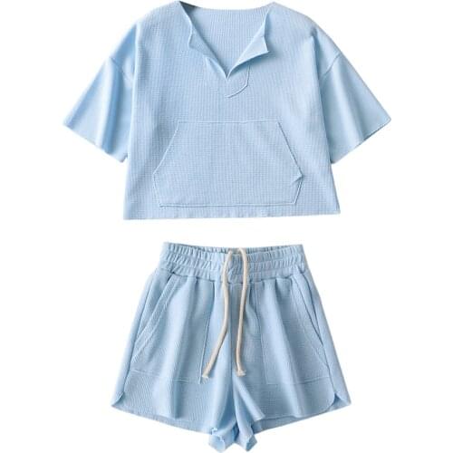 Summer women casual Tracksuit pocket Shorts Top 2 Piece Set Sports Wear Mujer Running Gym Clothing home Sports sleepwear Suit