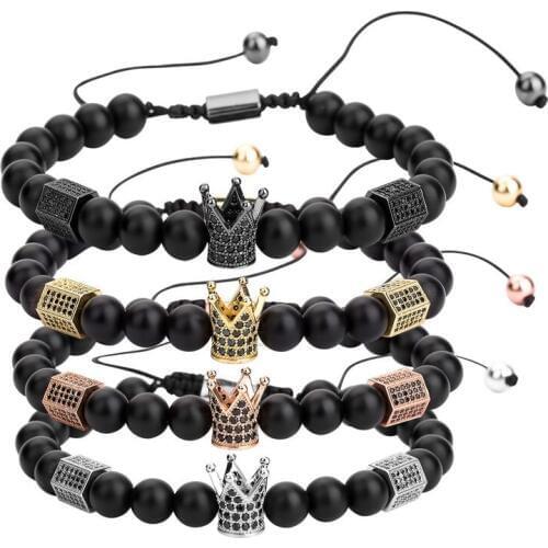 Matte Black Onyx Crown Braided Bracelet Man Fashion Women Gift For Beautiful Beads