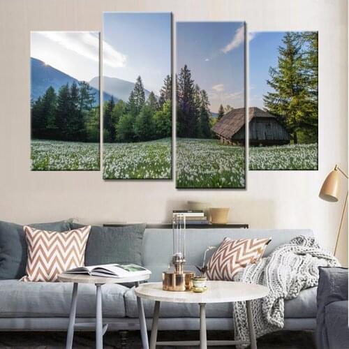4 plate decline in the top of the mountain landscape modularization canvas wall art photos decorative painting the living room