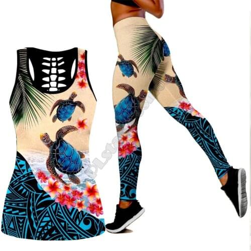 Sea turtle Polynesian 3D Printed Hollow Out Tank Legging Suit sexy Yoga Fitness Soft Legging Summer Women For Girl 15