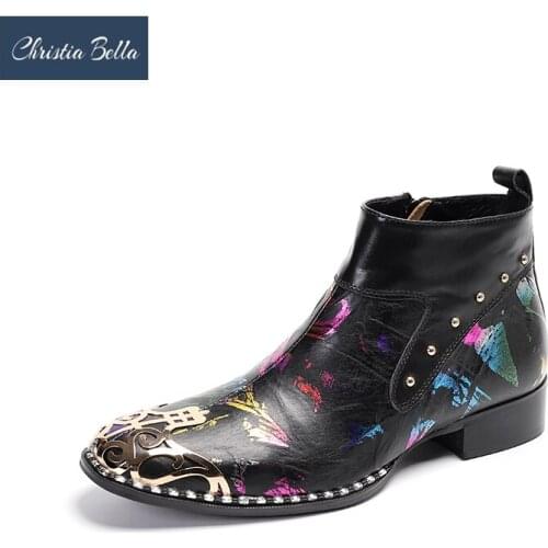 Christia Bella British Metal Square Toe Men Party Boots Fashion Rivets Genuine Leather Ankle Boots Male Print Motorcycle Boots