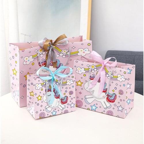 Cute Unicorn Pink Gift Bag With Handle Children Toy Shopping Paper Bag Baby Shower Birthday Packing Supplies 5pcs/lot