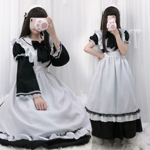 Women Girls JP Anime Kawaii Maid Lolita Maxi Dresses Apron Halloween Cosplay Costume Party Role Play Dress Up Waitress Outfit