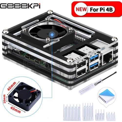 GeeekPi Acrylic Transparent / Clear & Black Case Cover for Raspberry Pi 4 Model B Large Size Cooling Fan 4010 for Raspberry Pi 4
