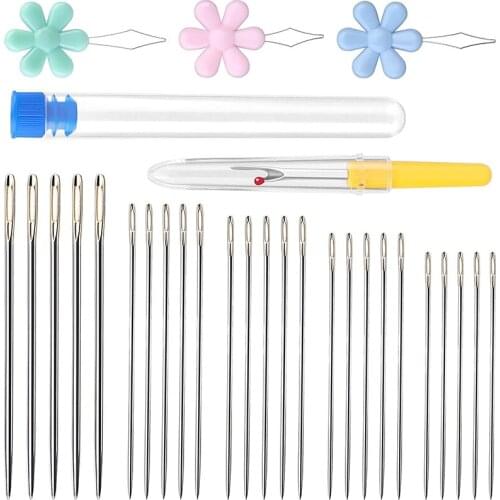 RORGETO 34 Pcs Leather Sewing Tool set 25 Pcs Leather Sewing Needle with Random Colors 3 Pcs Threaders Opener and Needle Bottle