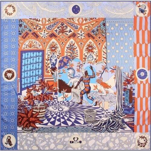 Manual Hand Rolled Twill Silk Scarf Women Palace Print Square Scarves Wraps Echarpe Curled Foulards Femme Bandana Hijabs 90CM