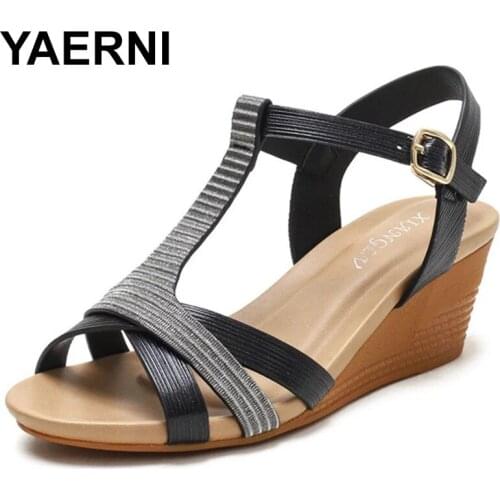 YAERNI Womens Sandals Retro Ladies Shoes Wedges Buckle Strap Female Plus Size Footwear 2021 Summer Peep Toe Woman Comfort Plus