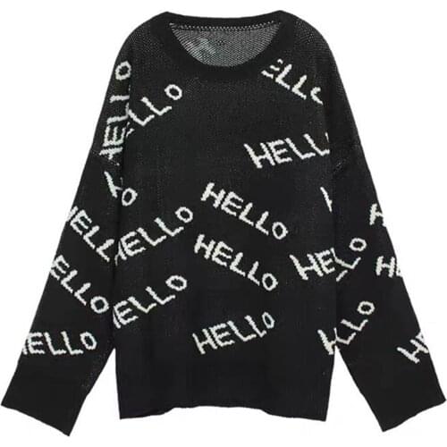 PERHAPS U Women Sweater Knitted Pullovers O-neck Long Sleeve Green Black Letter Pattern Loose Autumn Winter M0299