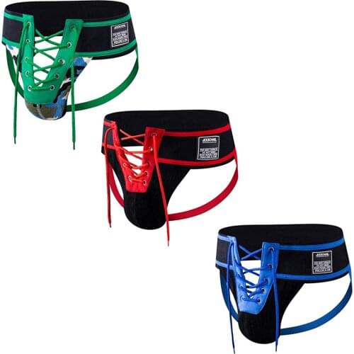 Jockmail Men Sexy Thong Jockstrap Cotton Briefs Lacing Camouflage Green Waistband Footballer Lace Up Open Gay Underwear 3pieces