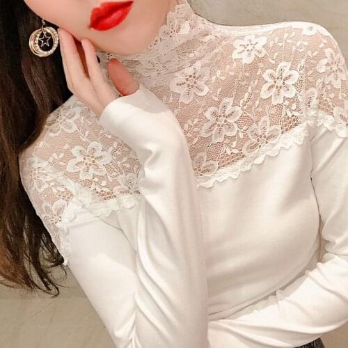 Women Autumn Winter Turtleneck Pacthwork Mesh Lace Pullovers Lady Elegant Basic All Match Elastic Plus Size Tops Bottom Shirts