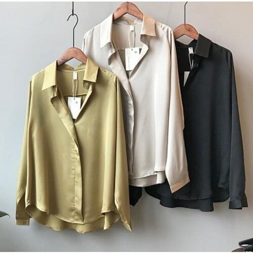HStar 2020 Autumn Women Korean Fashion Long Sleeves Satin Blouse Vintage Femme V Neck Street Shirts Elegant Silk Blouse