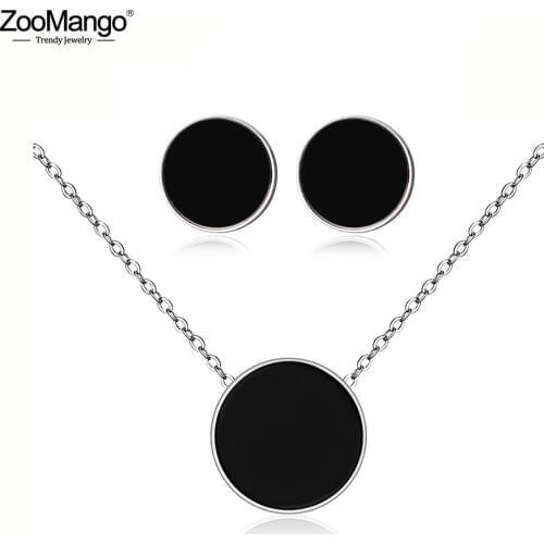 ZooMango Black Acrylic Stainless Steel Choker Necklaces Charm Bracelets Stud Earrings Sets Wedding Jewelry For Women ZSE001P