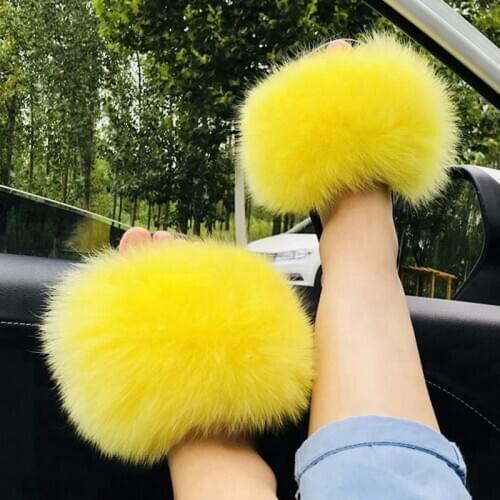 Womens Winter Fluffy Fox Fur Slippers Childrens Plush Home Shoes Female Furry Raccoon Fur Slides Female Amazing Fur Flip Flops