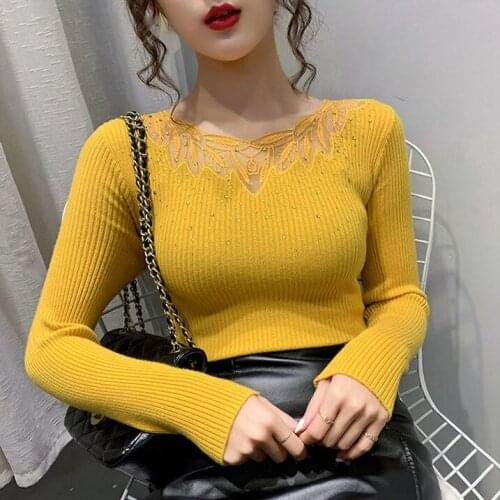Woman Sweaters Chandails Lace Splicing Knitwear Womens Slim Top Fall Wear Long Sleeves Inner Wear Womens Sweater Small Shirt